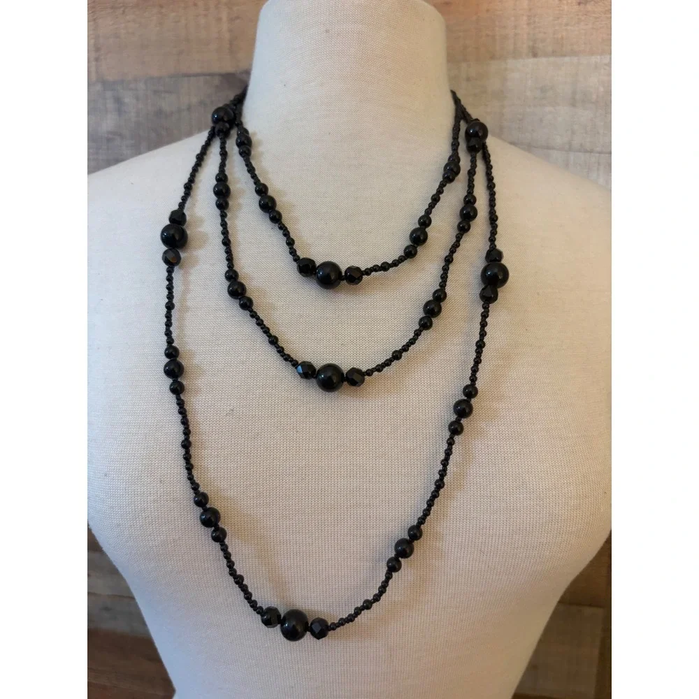 Black Triple Strand Beaded Layered Necklace Gunmetal Lobster Clasp